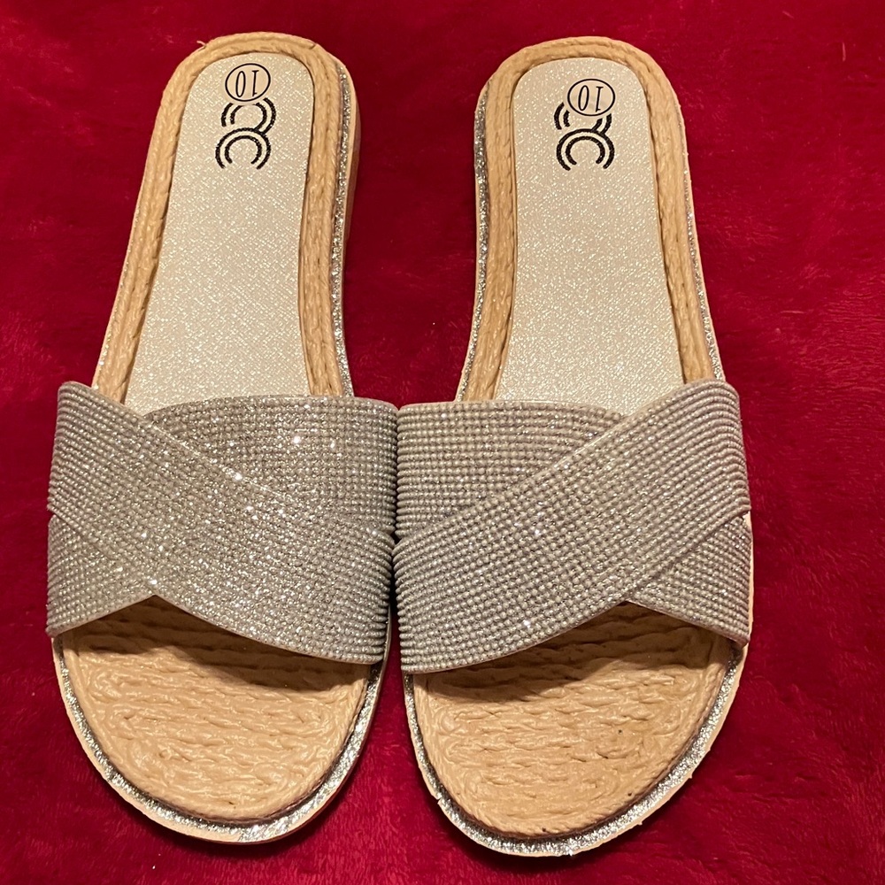 Sparkle Crossband Slide Sandals - Taupe